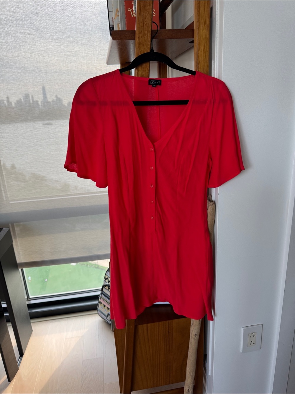 Red Short-Sleeve Button Front Mini Dress